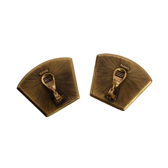 Monet  Gold Plate Black Enamel Curved Trapezoid Art Deco Geometric Clip Earrings - Picture 2 of 3